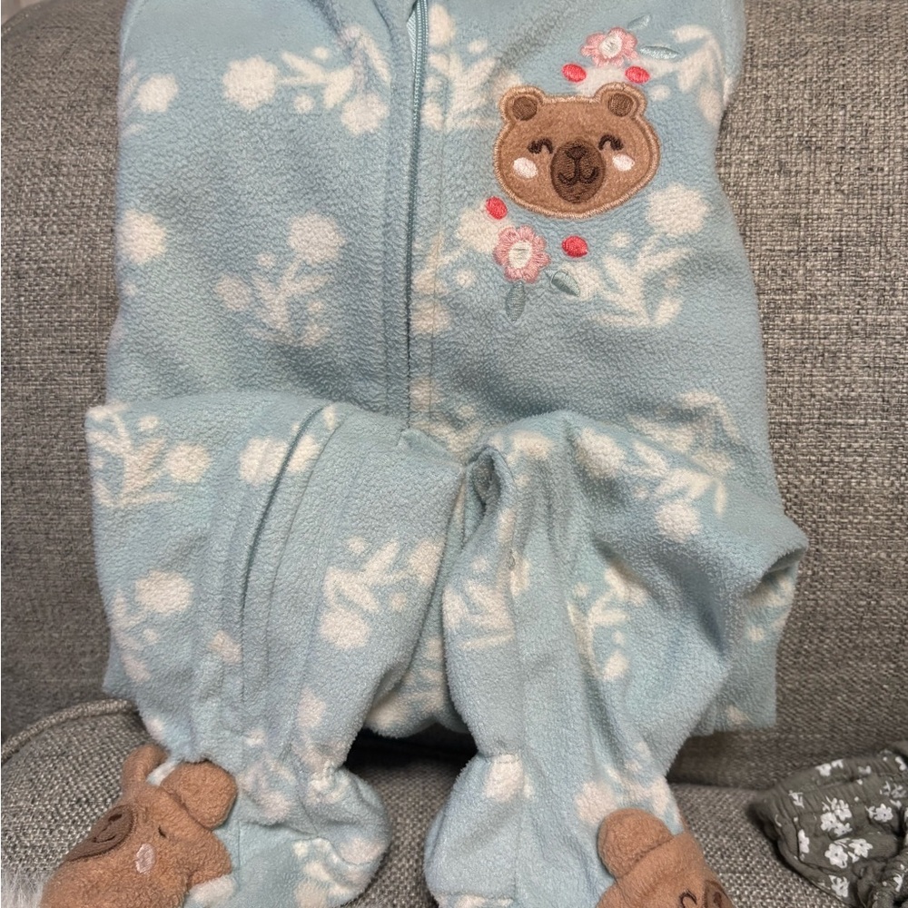 Baby Blue Floral Bear Footed Fleece One Piece PJ’s